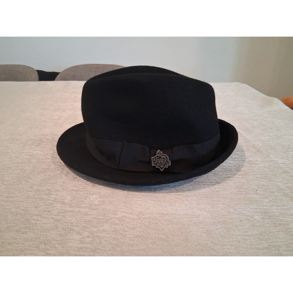 NWT House of Blues Black Wool Felt Fedora Hat Stingy Brim Logo Pin Men